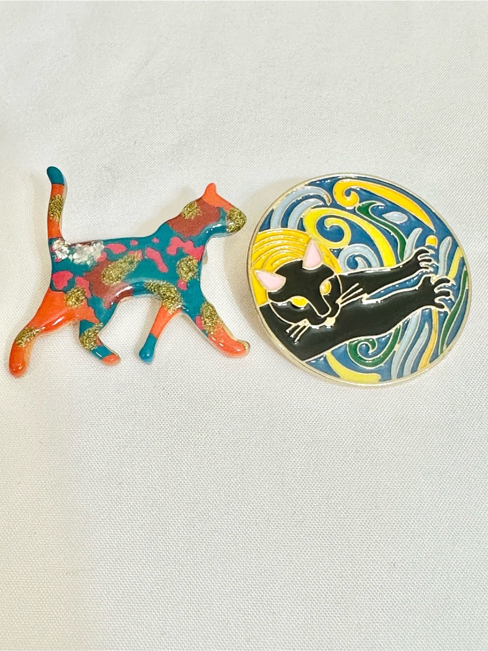 Colorful Cat Enamel & Multicolor Black Cat Brooch Bundle (2pcs)